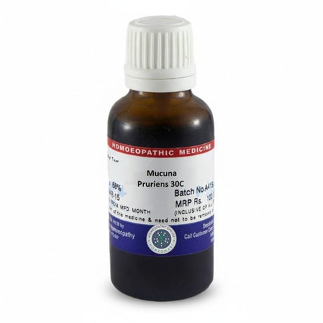 bottle of homeopathy dilution labelled mucuna prurience 30 C
