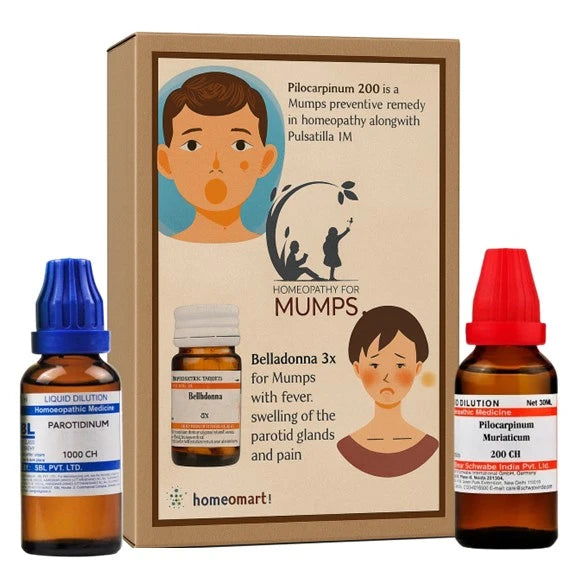 Homeopathy remedies for mumps including bottles and a box with illustrations and text.