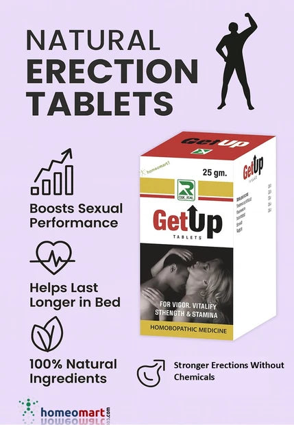 Advertisement for GetUp natural erection tablets with packaging and promotional text on a light purple background.