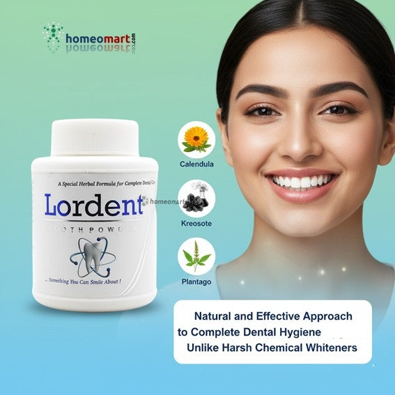 Advertisement for Lordent dental product with a woman smiling and product packaging on a green and blue gradient background.