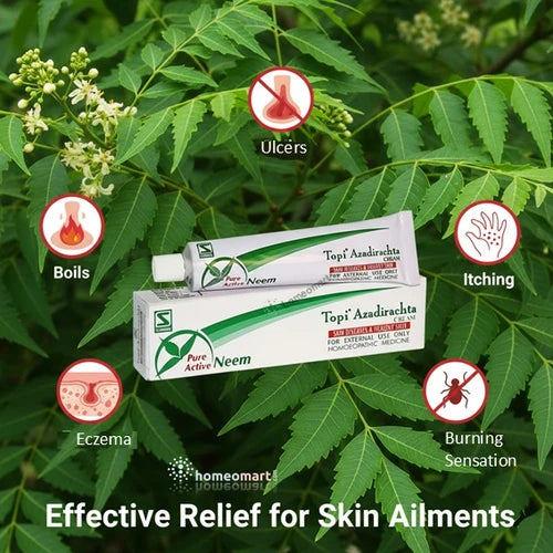 Topi Azadirachta cream packaging with neem leaves and skin symptoms like eczema, ulcers, itching icons on a green background