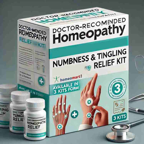 Medicine box image for 'Doctor-Recommended Homeopathy Numbness & Tingling Relief Kit' with a clean design featuring soft colors like white, light blue, and green. The text 'Doctor-Recommended Homeopathy' and 'Numbness & Tingling Relief Kit' is prominently displayed. The box includes a label stating 'Available in 3 Kits Form' and symbols representing hands, feet, and nerves, indicating nerve pain relief. A subtle stethoscope graphic signifies doctor involvement, with additional text 'Trusted Remedies by Dr.