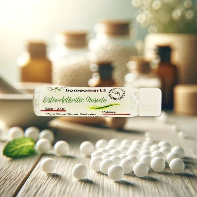 Homeopathy osteo_arthritic_nosode globules with 'homeomart' packaging on a wooden surface.