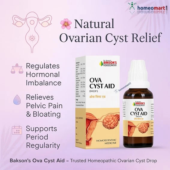 Bakson's Ova Cyst Aid product packaging with bottle and box on a pink background with infographic about ovarian cyst relief.