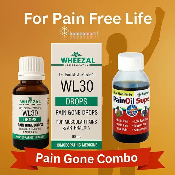 Wheezal WL30 Drops and Pain Oil Super with Homeopathy Pain Gone branding on an orange background.