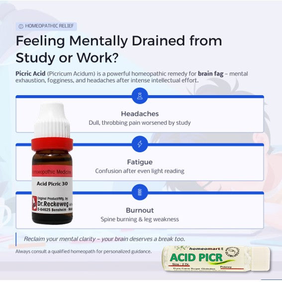 Homeopathic remedy for mental exhaustion & brain fog with a bottle and text on a light blue background