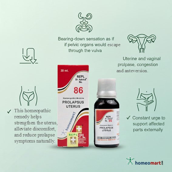 Homeopathic remedy for uterine prolapse with packaging and bottle highlighting uses on a light green background