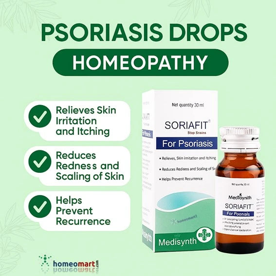 Soriafit psoriasis drops packaging with infographic details on psoriasis relief on a green background