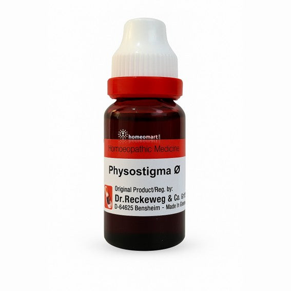 Bottle of Physostigma with a red cap on a white background
