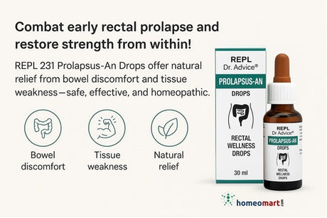 Combat early rectal prolapse and restore strength from within! REPL 231 Prolapsus-An Drops offer natural relief from bowel discomfort and tissue weakness
