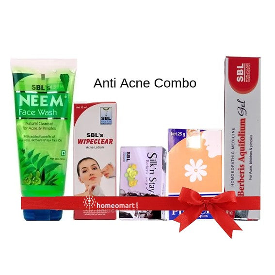 Anti Acne Combo with SBL Neem Face Wash, SBL Wipeclear, SBL Skin Sens, and SBL Aquafolium Gel on a white background.