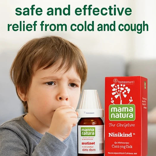 Child with a bottle and box of Mama Natura Nisikind, promoting safe and effective relief from cold and cough.