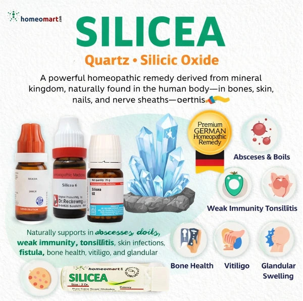 Silicea homeopathy uses, Silicea homeopathic medicine benefits in skin nails and bones, natural immunity support homeopathy, homeopathic medicine for skin cracks, Silicea pills benefits, homeopathic remedy for chronic infections, Silicea for foreign body expulsion, homeopathic medicine for weak nutrition