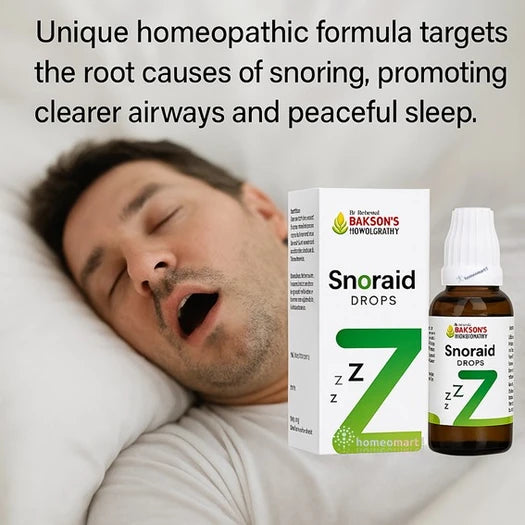 Man snoring with Bakson's Snoraid Drops packaging and bottle displayed.