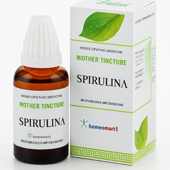 Spirulina Mother Tincture bottle and packaging on a white background
