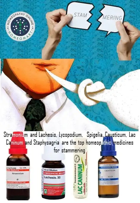 Homeopathic medicines for stammering with a doctor and speech bubble twisted illustration on a blue background.