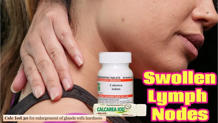 Woman with swollen lymph nodes and Calcaria iodata supplement bottle