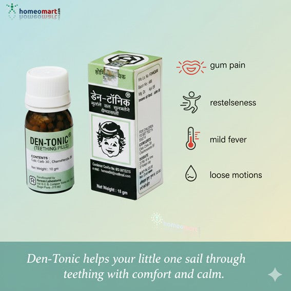 Den-Tonic teething pills bottle and packaging on a light green background with text about common teething issues.