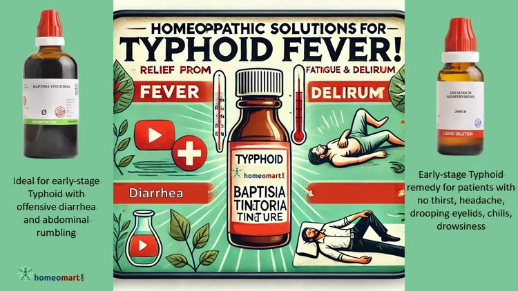 infographic showing homeopathy bottles with indications for typhoid symptoms