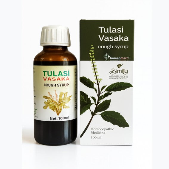 Tulasi Vasaka cough syrup bottle and packaging on a white background