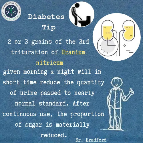 Text about a diabetes tip involving uranium nitricum on a blue background with graphics.