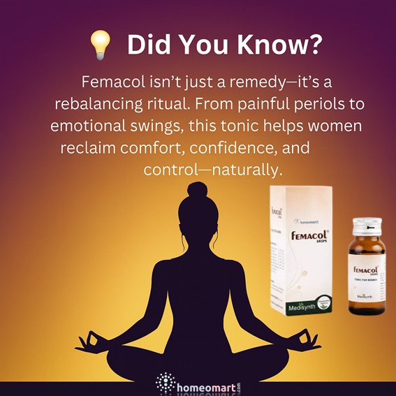 Advertisement for Femacol uterine tonic with a silhouette of a woman meditating and product packaging on a gradient background.