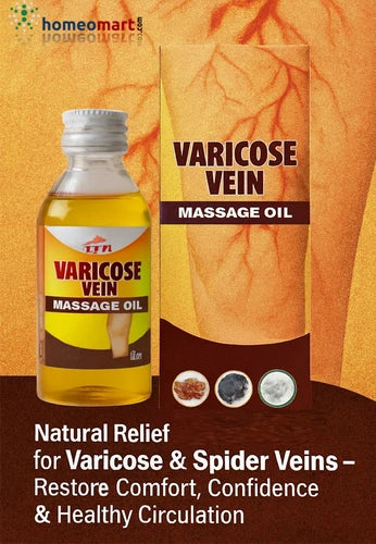 Varicose vein massage oil with packaging on a brown background