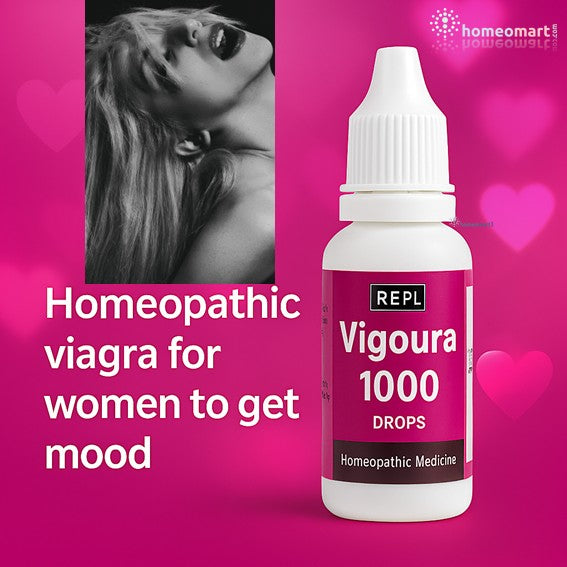 Bottle of Vigoura 1000 Drops with promotional text on a pink background with a orgasmic female