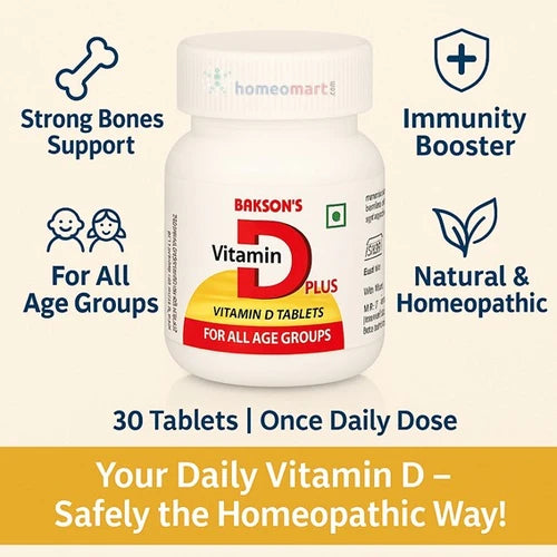 Bakson's Vitamin D Plus supplement bottle with product features on a white background