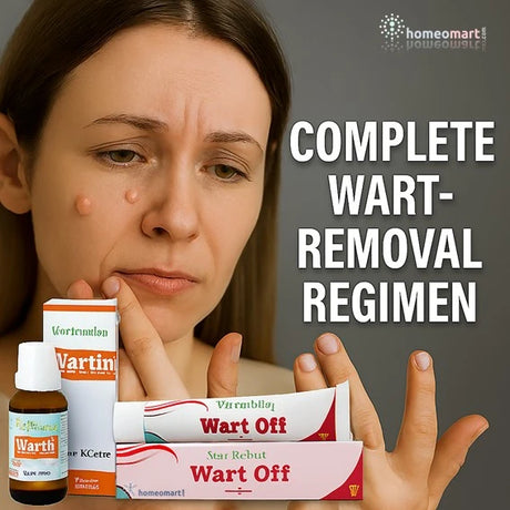 Woman holding homeopathic wart removal products with text 'Complete Wart Removal Regimen' and 'homeomart' logo.