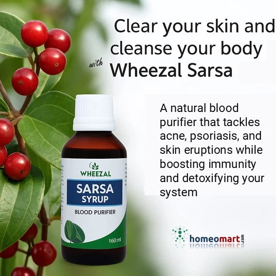 Experience the natural cleansing properties of Sarsaparilla in Wheezal sarsa syrup. psoriasis support homeopathy, eczema relief natural, itching skin remedy, urticaria homeopathy, clear skin natural supplement, skin glow homeopathy, anti acne homeopathy, skin wellness supplement
