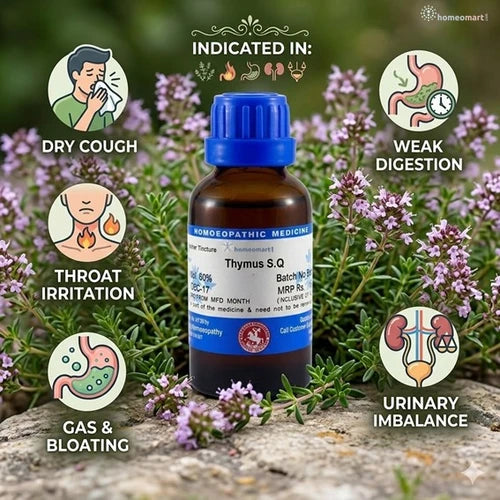 Bottle of Thymus serp Q homeopathic medicine with indicated uses on a natural background