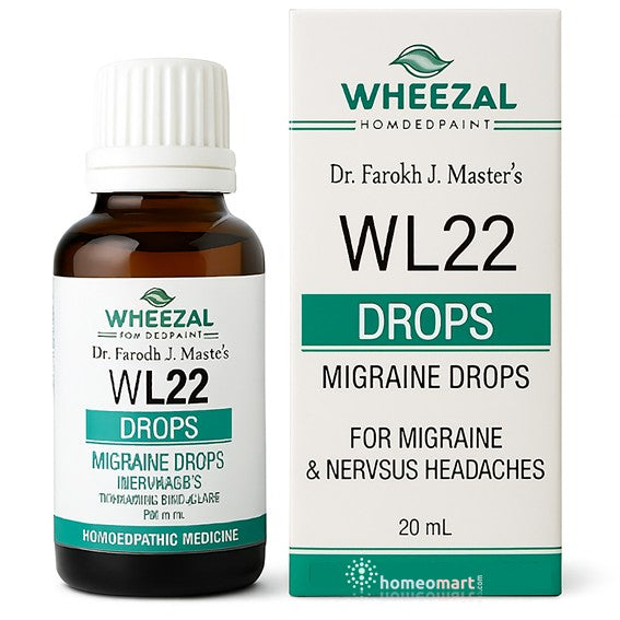 Wheezal WL22 Migraine Drops bottle and packaging on a white background