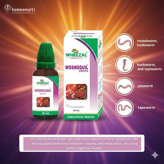 Wheezeal Wormsoul Drops packaging with product description on a vibrant background showing intestinal worms