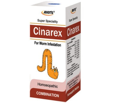 Allen's Cinarex drops treat worm infestations like roundworm & pinworm. Relieves anal itching, appetite loss, and irritability. Safe for kids. 15ml.
