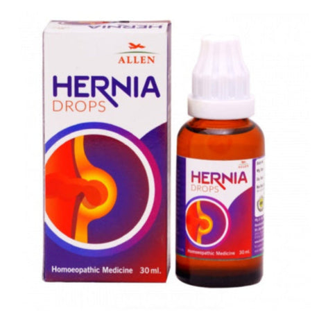 Allen Hernia Drops, a homeopathic solution for hernia symptoms like swelling, pain, and abdominal weakness., treats bulge in the groin or scrotum