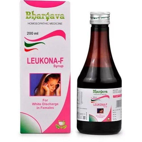 Bhargava Leukona F Syrup 200 ml for white discharge, vaginal itching, and painful menses. Natural homeopathic uterine tonic.