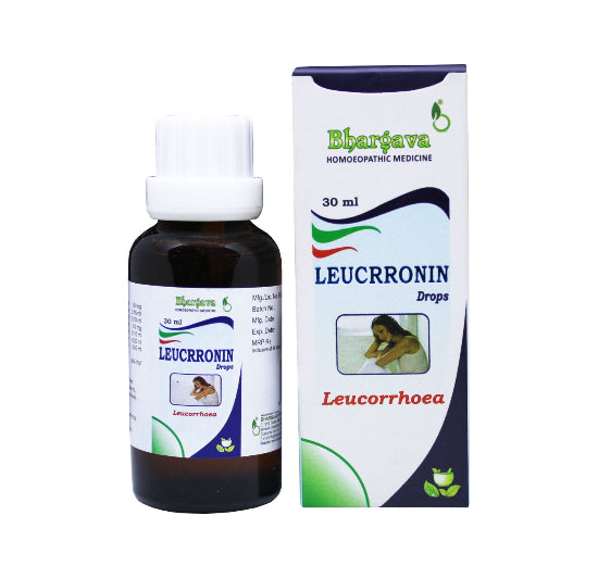 Bhargava Leucrronin Drops 30ml for white/yellow vaginal discharge, itching & irritation. Natural homeopathic remedy with no side effects