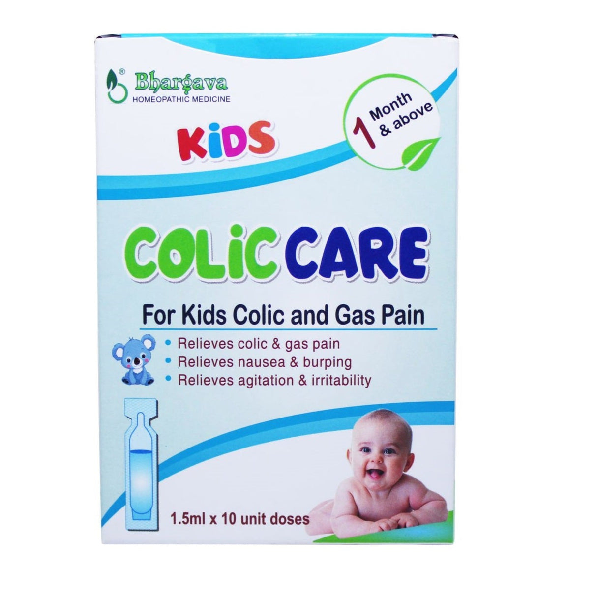 Box of Bhargava Colic Care for kids, indicating relief for colic and gas pain with a visual of a smiling baby on the packaging.