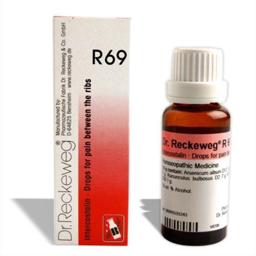Reckeweg R69 Drops homeopathic remedy is formulated with Arsenicum album, Colocynthis, Ranunculus bulbos, and Rhus Tox to relieve chest wall pain and intercostal neuralgia