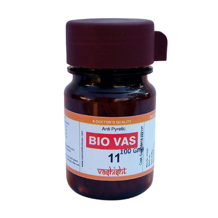 A bottle of Dr.Vashisht Biocombination Bio Vas 11 (BC11), Fever Medicine in Homeopathy, with label indicating it is an anti-pyretic.