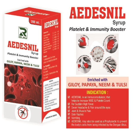 Boost immunity & platelet count with Dr. Raj Aedesnil Syrup. Infused with Giloy, Papaya & Neem for fever, rashes & weakness. Safe for adults & kids.