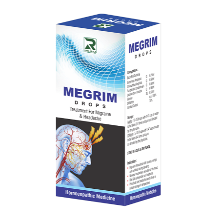 Box of Megrim Drops for migraines and headaches on a white background