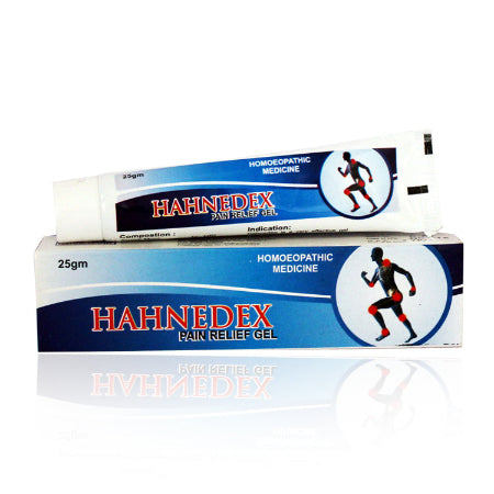 Packaging of Hahnemann pharma Hahnedex Gel for Pain & Stiffness, indicating the product is a 25g tube for external use.
