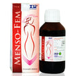 A product image showing Hahnemann pharma Menso syrup in a dark glass bottle with a white label, next to its packaging box which has a red and white design. The box is labeled 'Menso-Fem' indicating it is a women's health tonic.