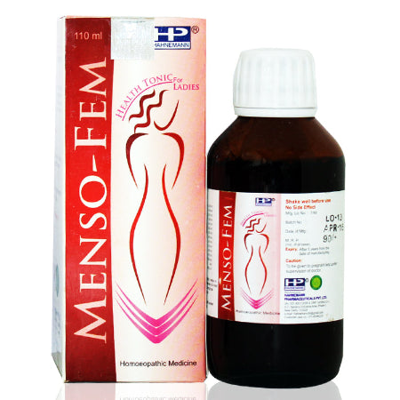 A product image showing Hahnemann pharma Menso syrup in a dark glass bottle with a white label, next to its packaging box which has a red and white design. The box is labeled 'Menso-Fem' indicating it is a women's health tonic.