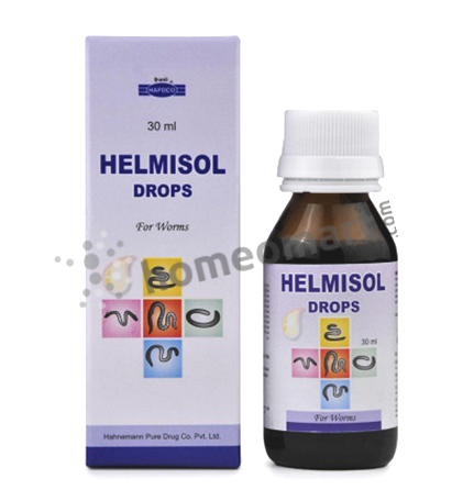 Hapdco Helmisol Drops, effective homeopathic relief from intestinal worms like hookworms, roundworms, and tapeworms.