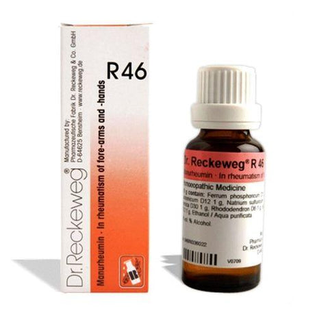 Dr. Reckeweg R46 drops relieve joint pain, swelling & stiffness from rheumatoid arthritis, gout & rheumatism. Ideal for hand and forearm inflammation.