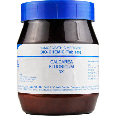 SBL Biochemic Tablet Calcarea Fluorica in 450 Gms Pack, chuessler salts, varicose veins, bone health, ligament support, connective tissue, tooth enamel, dental care, cracked skin, ganglion cyst, exostosis,