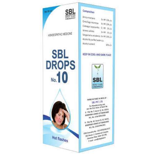 A box of SBL Drops No 10, which is a homeopathic medicine for hot flashes and anxiety, with a picture of a woman experiencing a hot flash on the front.